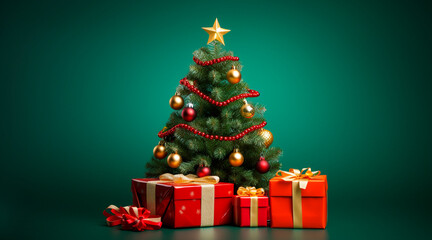 Christmas decorations, green tree with red ribbon and gold balls, under gift boxes