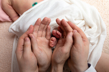 legs newborn in the hands of mom and dad. legs in hands on white background. child's feet in the hands of parents