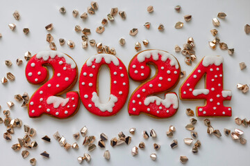 Christmas and New Year banner gingerbread cookies numbers 2024 on white background with copy space