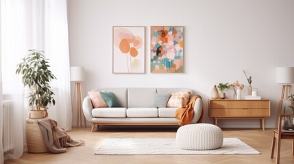 Scandinavian-style living area with design furniture, plants, bamboo bookstand, and wooden desk. Parquet flooring in brown wood. On the white wall, there is an abstract painting.