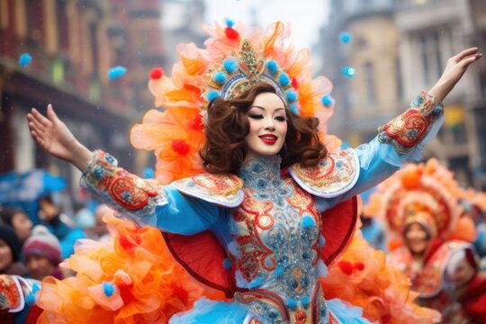 woman in traditional costume dancing in a Chinese parade in New Year celebration
