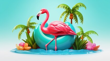Obraz premium Summer break. Vector realistic elements of a flamingo inflatable toy, watermelon, palm trees, shell, and water splash.