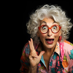 bright aged woman is surprised on a dark background