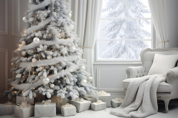 Classic white christmas interior with new year tree decorated. Fireplace with grey chair, clocks on the wall and presents under the tree.