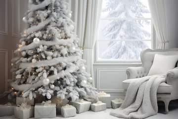 Gardinen Classic white christmas interior with new year tree decorated. Fireplace with grey chair, clocks on the wall and presents under the tree. © Nadezda Ledyaeva