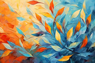 Fototapeta na wymiar A beautiful painting for an autumn background with orange and blue leaves. Generative AI