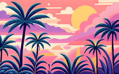Fototapeta na wymiar Seamless pattern with palm trees and sunset.