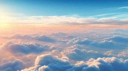 Blue sky at sunrise. The sky is blue with occasional clouds. View from above the clouds.