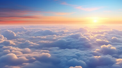 Blue sky at sunrise. The sky is blue with occasional clouds. View from above the clouds.