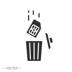 communication without a simcard icon, sim card in trash bin, thin line symbol on white background - vector illustration