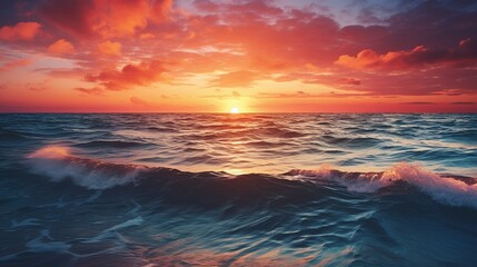 At the water, the sun sets. The rising sun has a wide range of colors and hues. The seascape.. - obrazy, fototapety, plakaty