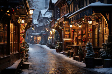 Fototapeta premium Winter Wonderland Christmas Village with Snowy Mountains - Holiday Postcard. Generative AI