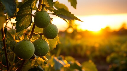 Sunset during the autumn harvest. Plantations of green passion fruit on the vine. - Powered by Adobe