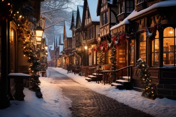 Foto op Aluminium Winter Wonderland Christmas Village with Snowy Mountains - Holiday Postcard. Generative AI © Stefan
