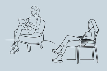 Fototapeta premium Sitting girls line art on a chair on a blue background. Office worker. The working process. Minimal vector illustration. 