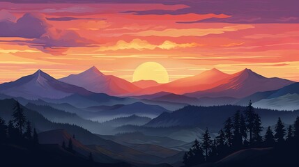 Obraz premium The sun setting over the mountains. Sunset over a tree and mountain silhouette. Sunset clouded sky landscape.