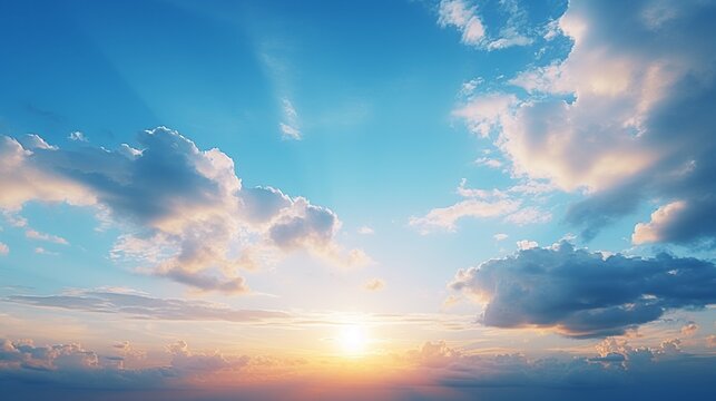 Blue sky at sunset. The sky is blue with occasional clouds. Summer skies, foggy blue sky, blue sky clouds.