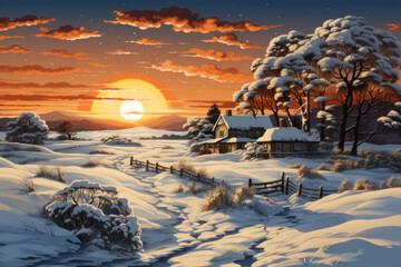 Majestic Winter Landscape, Snowy Sunset postcard. Generative AI