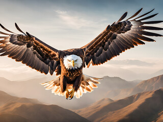 Bald Eagle in flight with mountains in the background.