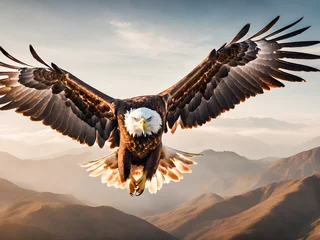  Bald Eagle in flight with mountains in the background. © wannasak