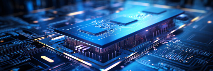 High-tech Computer chip close up shot, production of electronic, circuit board, futuristic design, extreme detail