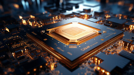 High-tech Computer chip close up shot, production of electronic, circuit board, futuristic design, extreme detail