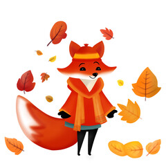 Autumn collection. A cute fox cartoon character wearing autumn costume. Vector illustration drawing.