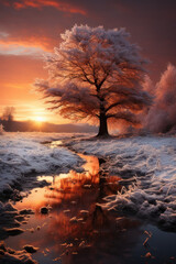 Majestic Winter Landscape, Snowy Sunset postcard. Generative AI