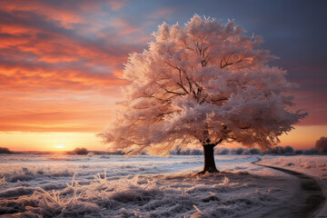 Naklejka na ściany i meble Majestic Winter Landscape, Snowy Sunset postcard. Generative AI