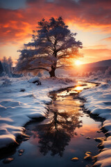 Fototapeta na wymiar Majestic Winter Landscape, Snowy Sunset postcard. Generative AI