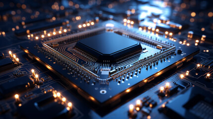 High-tech Computer chip close up shot, production of electronic, circuit board, futuristic design, extreme detail