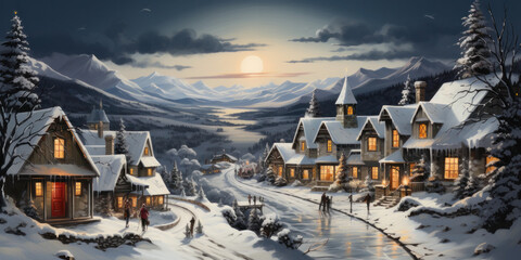 Scenic Christmas Village Postcard: Snowy Mountains, Cozy Cottages, and Holiday Magic. Generative AI