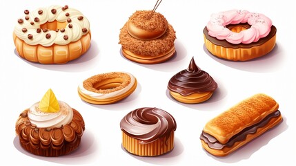 Set of vector icons of sweet foods. Cake, croissant, cupcake, ice cream, and chocolate.