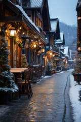 Fototapeta na wymiar Winter Wonderland Postcard, Serene Christmas Village in the Snow - Festive, Cozy, and Magical. Generative AI