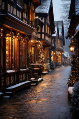 Fototapeta na wymiar Winter Wonderland Postcard, Serene Christmas Village in the Snow - Festive, Cozy, and Magical. Generative AI