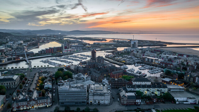 Editorial Swansea, UK - October 08, 2023: Drone view of the River Tawe and the docks on the east side of Swansea in South Wales UK

