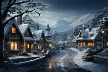 Winter Wonderland Postcard, Serene Christmas Village in the Snow - Festive, Cozy, and Magical. Generative AI - obrazy, fototapety, plakaty