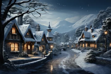 Foto op Aluminium Winter Wonderland Postcard, Serene Christmas Village in the Snow - Festive, Cozy, and Magical. Generative AI © Stefan