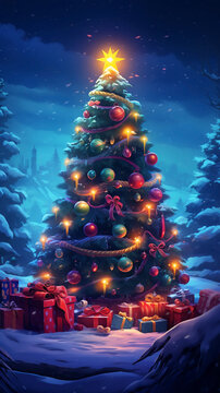 Hand drawn cartoon comic Christmas tree illustration

