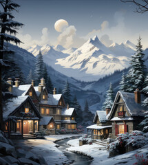 Enchanting Christmas Village in Snowy Mountains Postcard, generative AI