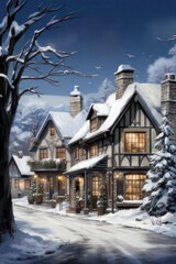 Enchanting Christmas Village in Snowy Mountains Postcard, generative AI
