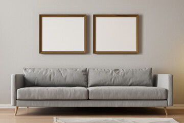 Modern interior with sofa, two empty frames on the wall.