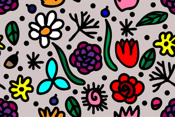 Beautiful cartoon summer flowers field. Floral, botanical, seamless, cute, nice, vector pattern for design and decoration.