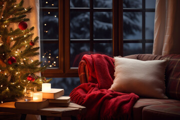 Merry Christmas and Happy Holidays. A beautiful living room decorated for Xmas. Christmas tree and window. Falling snow.