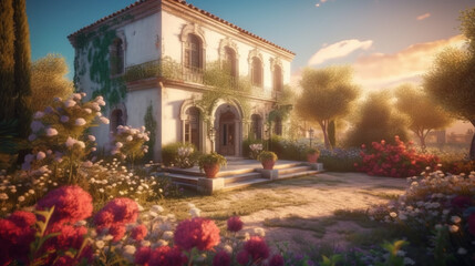 Beautiful old times Italian villa covered in foliage and flowers, Fantasy theme
