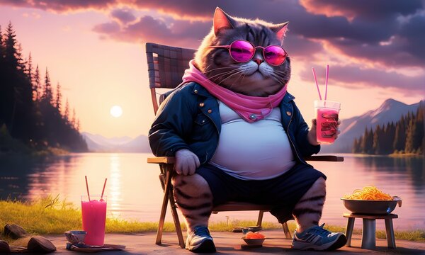 Adorable fat Cat sitting on a camping chair with a glass of juce eating spaghetti (JPG 300Dpi 12000x7200)
