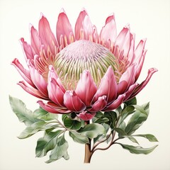 Illustration of a pink king protea flower with green leaves on a white background created with Generative AI technology