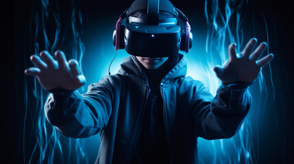 Virtual reality gaming concept with a person wearing a headset and using motion controllers