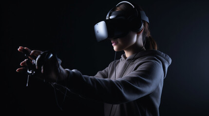 Virtual reality gaming concept with a person wearing a headset and using motion controllers