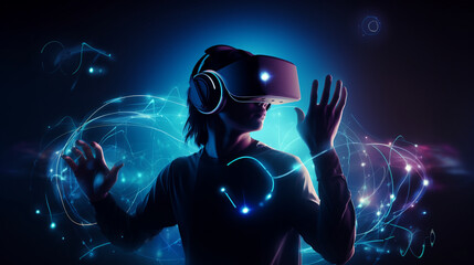 Virtual reality gaming concept with a person wearing a headset and using motion controllers